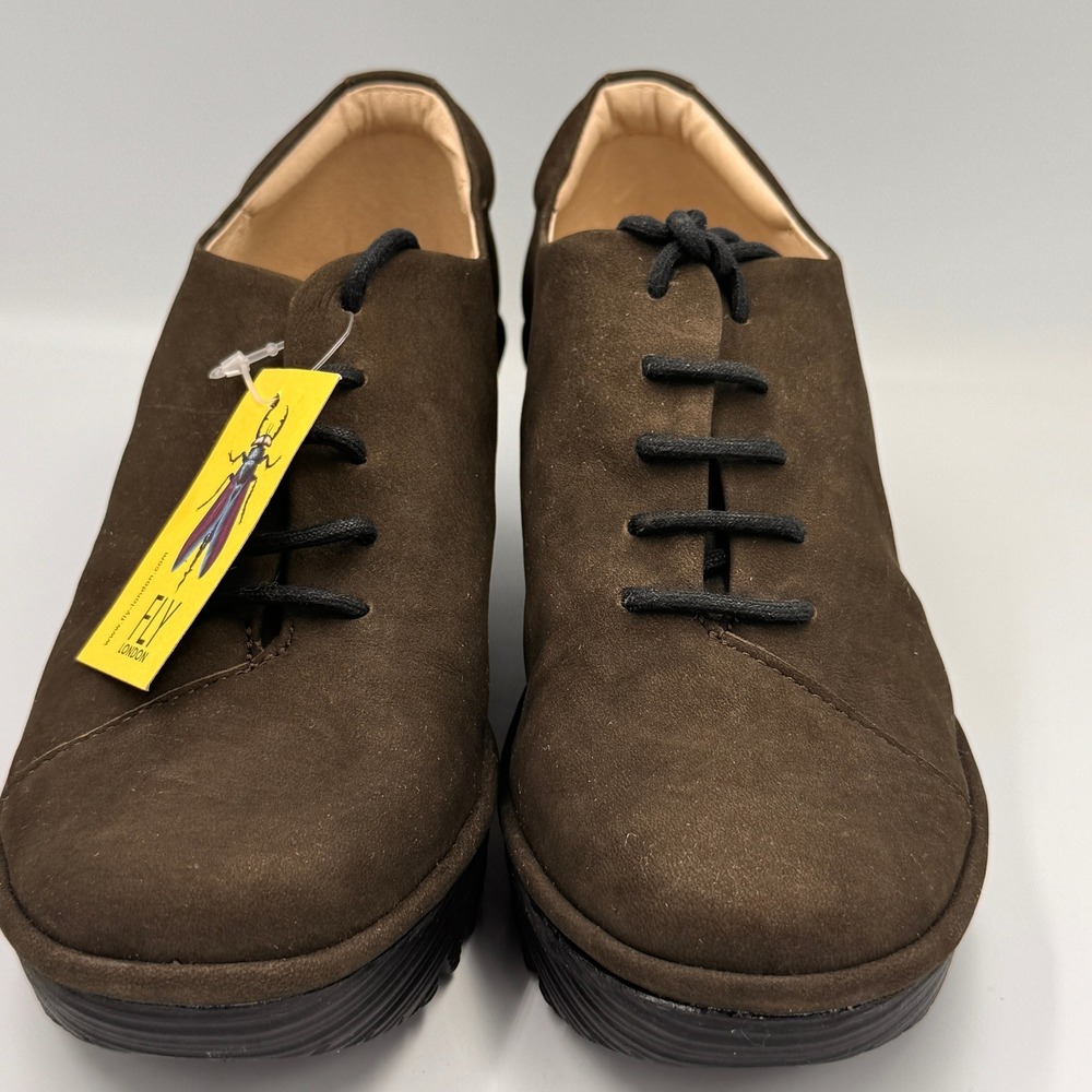 Fly London Yasi Brown Suede Lace Up Platform Wedge Shoes Round Toe NWT